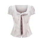 someone_sometimes_Tie_Front_V-neck_Puff_Sleeve_Slim_Casual_Love_Print_Acetate_Women_Blouses_MISSTT
