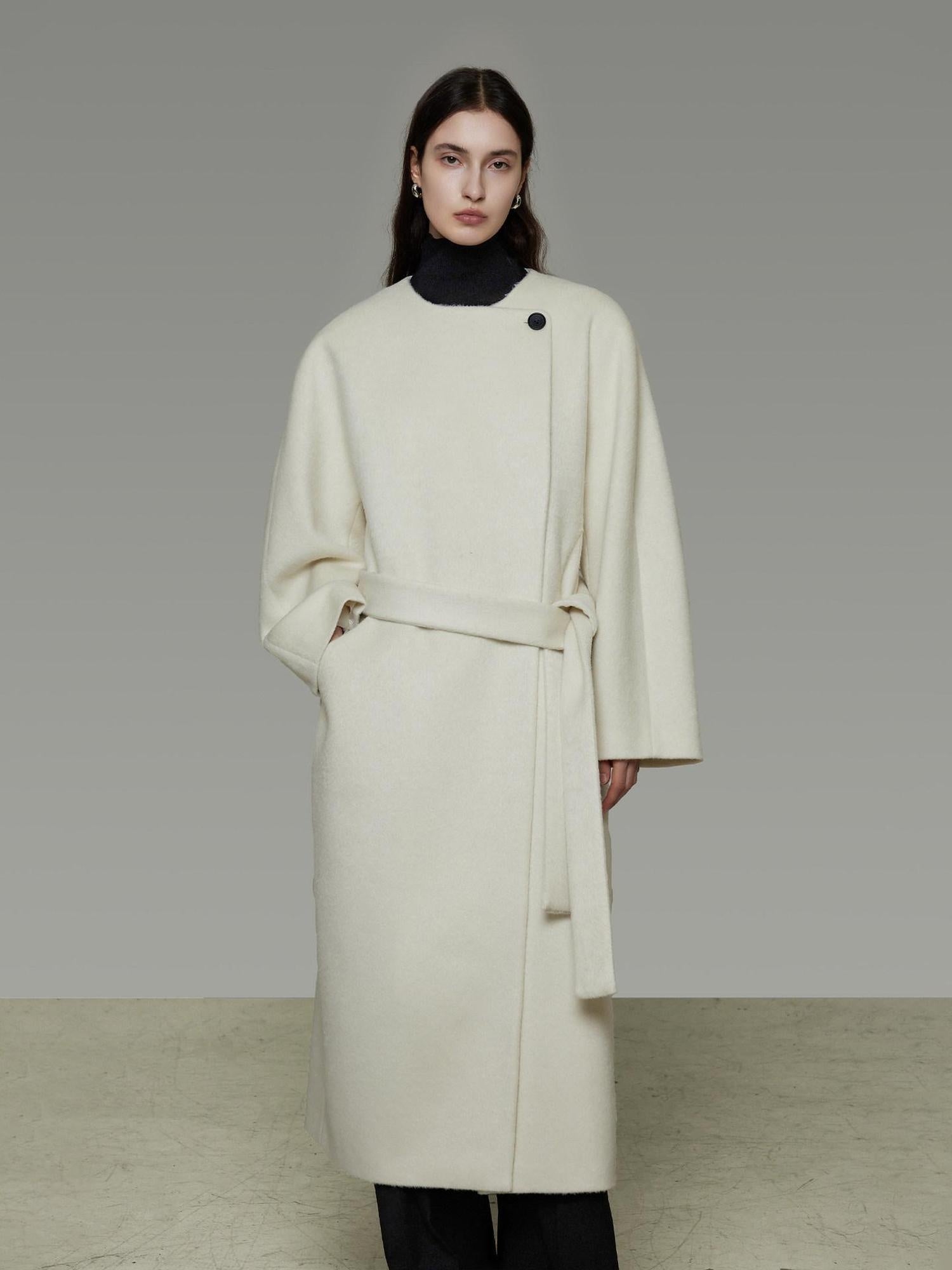 unspoken Lambswool Blend Tie Waist Oversized Commuter Longline White Wool Coats