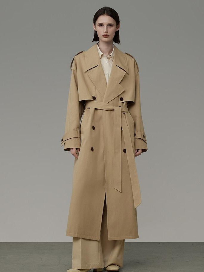 unspoken Pure Cotton Double Breasted Long Straight Minimal Women Khaki Trench Coats