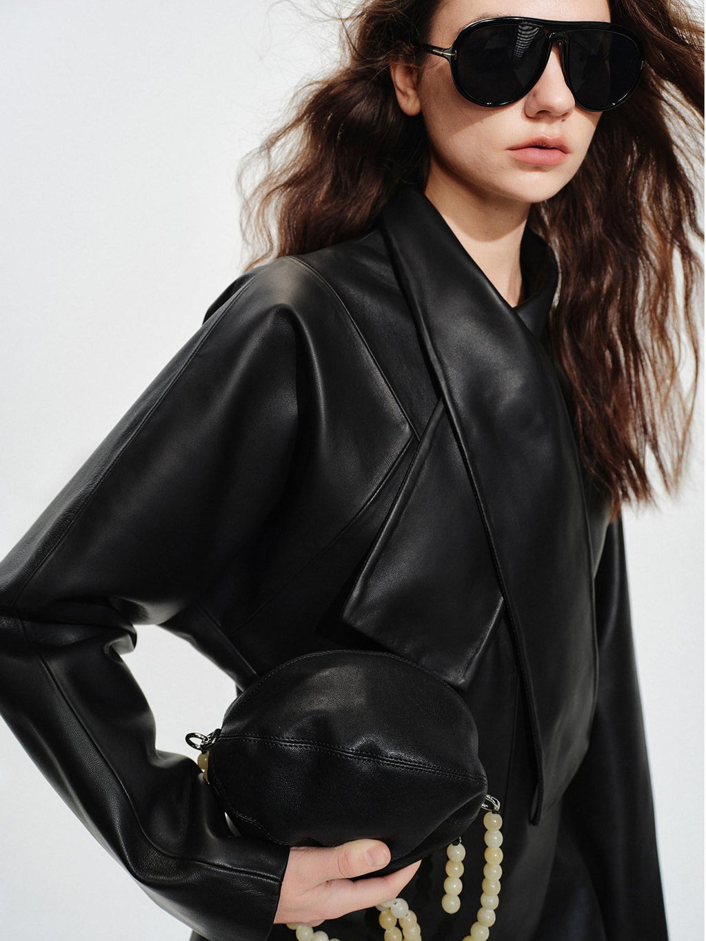audreyyang Sheepskin Leather Cinched Waist French Tie Neck A Line Work Date Midi Dresses