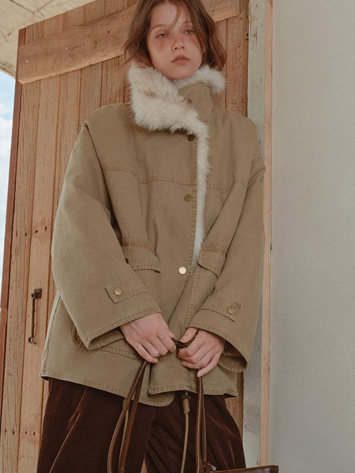 fano 90% White Duck Down Warm Korean Straight Washed Khaki Stand Collar Down Jackets
