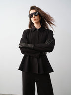 audreyyang Waist Slimming Casual Cropped Lapel Long Sleeve Black Polyester Top & Pants Sets