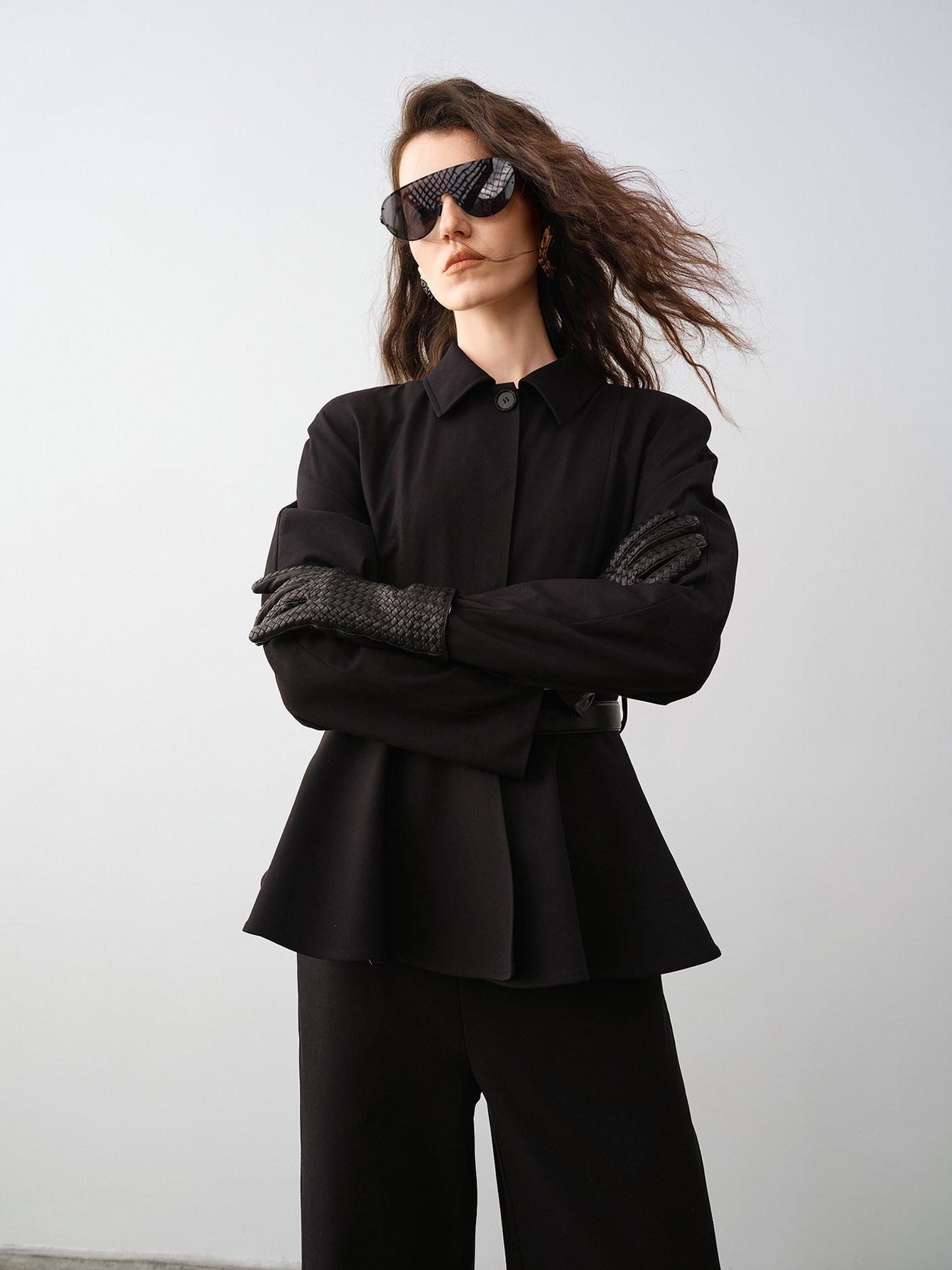 audreyyang Waist Slimming Casual Cropped Lapel Long Sleeve Black Polyester Top & Pants Sets