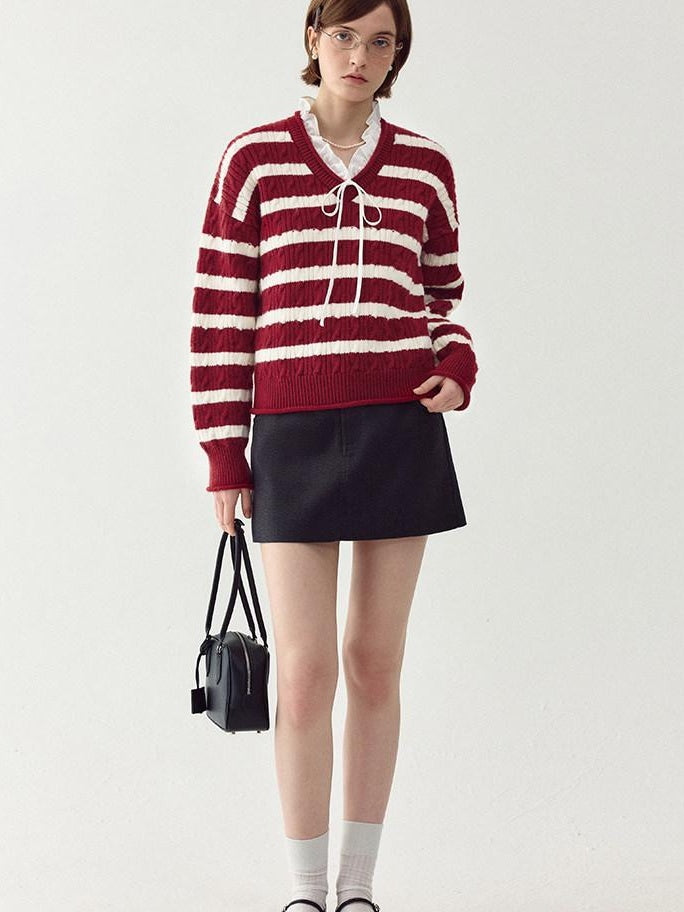 fano Ruffle Detail Loose Fit Commuter V-neck Long Sleeve Striped Women Sweaters