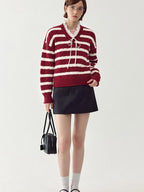 fano Ruffle Detail Loose Fit Commuter V-neck Long Sleeve Striped Women Sweaters