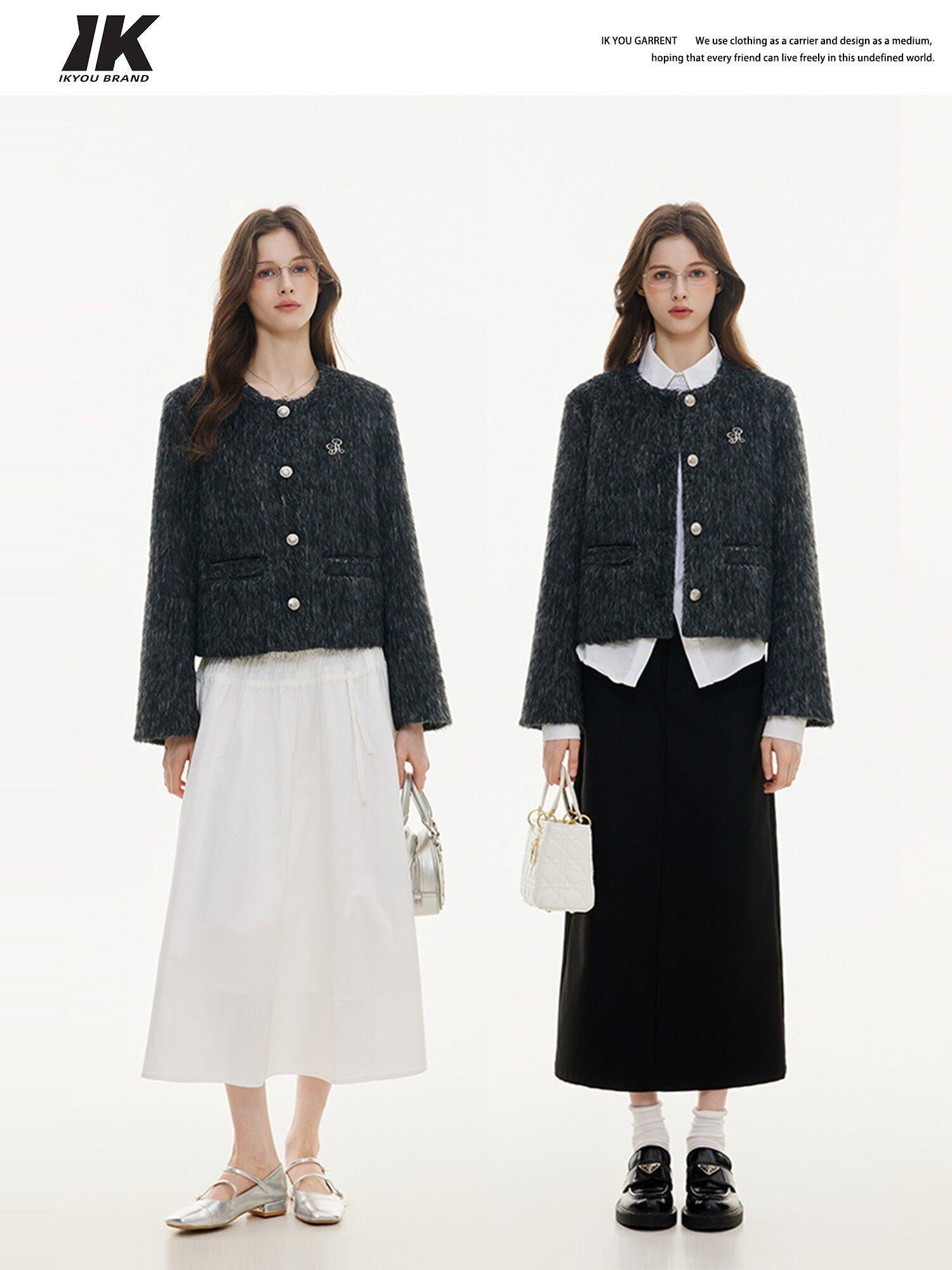 ikyou Wrinkle Free Korean Commuter Straight Fit Polyester Tweed Cropped Jackets