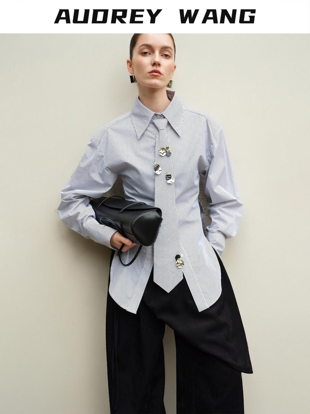 audreyyang Original Design Relaxed Tie Neck Collared Tencel Cotton Striped Blouses