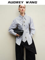 audreyyang Original Design Relaxed Tie Neck Collared Tencel Cotton Striped Blouses
