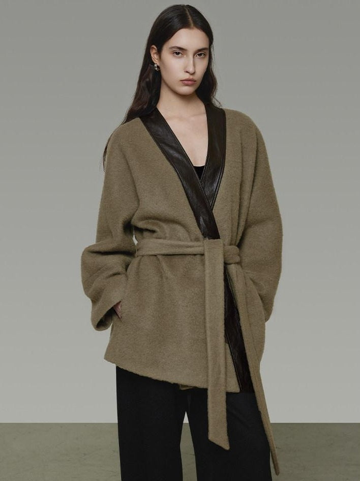 unspoken Minimal Patchwork Loose Fit V-neck Tie Closure Women Commuter Wool Coats