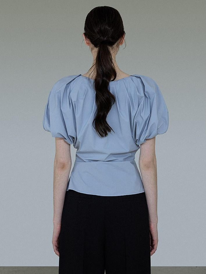 unspoken Breathable Cotton Tie Waist Puff Sleeve Commuter Women Round Neck Button Blouses