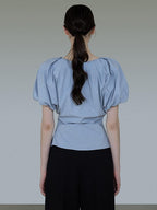 unspoken Breathable Cotton Tie Waist Puff Sleeve Commuter Women Round Neck Button Blouses