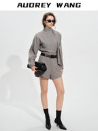 audreyyang Non Deforming Loose Plaid High Neck Long Sleeve Women Grey Top & Shorts Sets