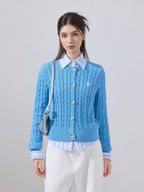 ikyou Soft Cotton Blend Preppy Regular Button Front Blue Casual Women Logo Cardigans