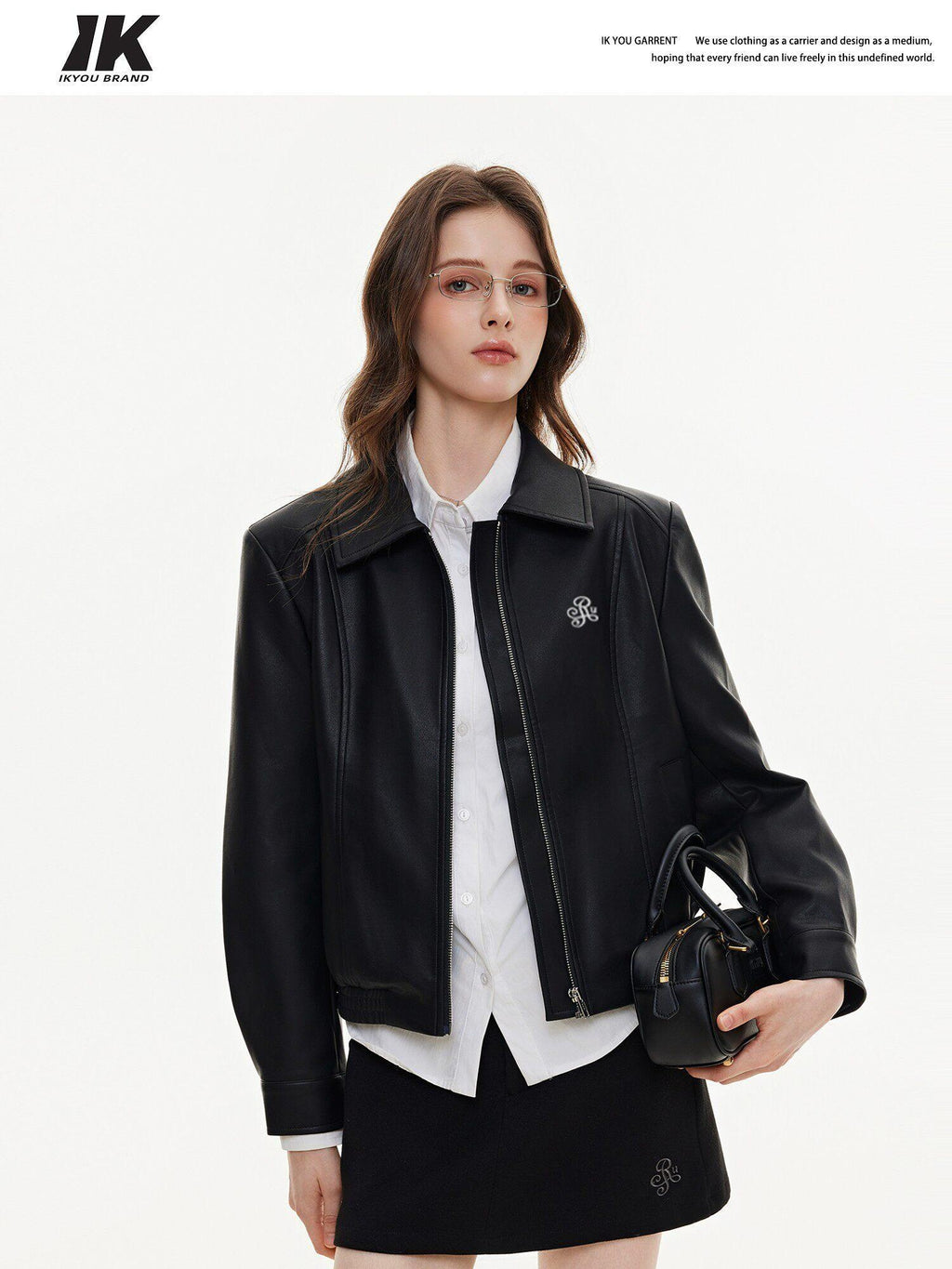 ikyou Glossy Slim Fit Androgynous Pu Black Short Lapel Zipper Daily Leather Jackets