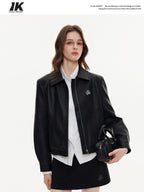 ikyou Glossy Slim Fit Androgynous Pu Black Short Lapel Zipper Daily Leather Jackets