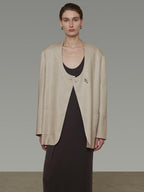 unspoken Breathable Tencel Loose Collarless No Button Minimalist Beige Women Blazers