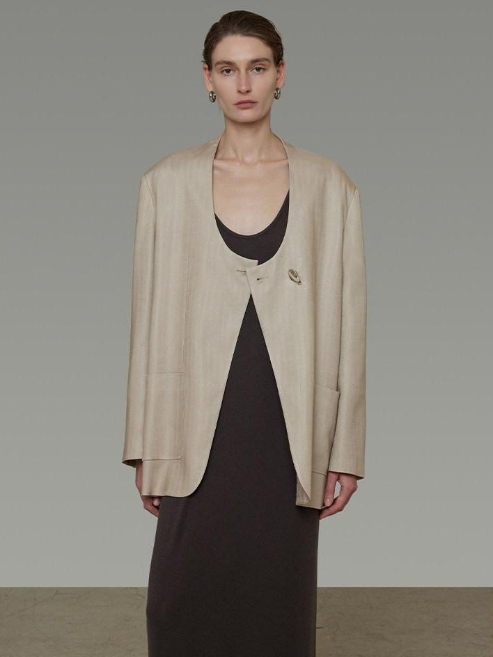 unspoken Breathable Tencel Loose Collarless No Button Minimalist Beige Women Blazers