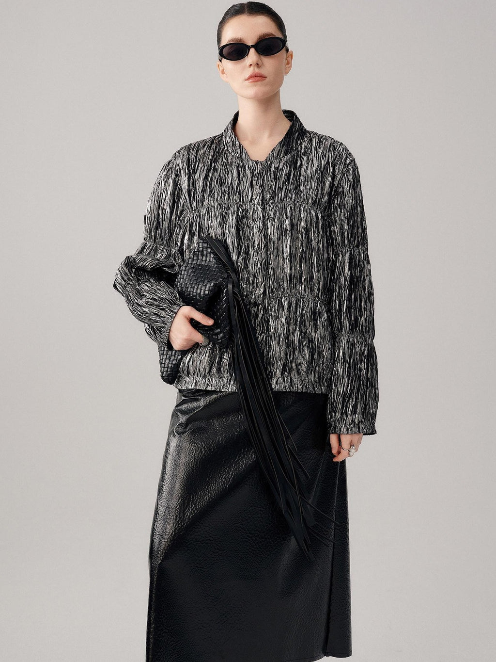 audreyyang Original Design Pleated Loose Fit Womens Cropped Silver Bomber Jackets