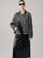 audreyyang Original Design Pleated Loose Fit Womens Cropped Silver Bomber Jackets