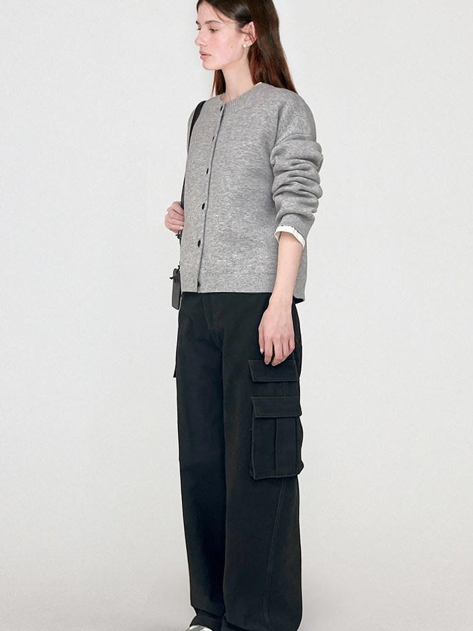 fano Thermal Wool Blend Office Straight Crew Neck Women Light Gray Cardigans