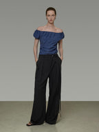 unspoken Wrinkle Resistant Minimalist Slim Asymmetrical Boat Neck Women Blue Blouses
