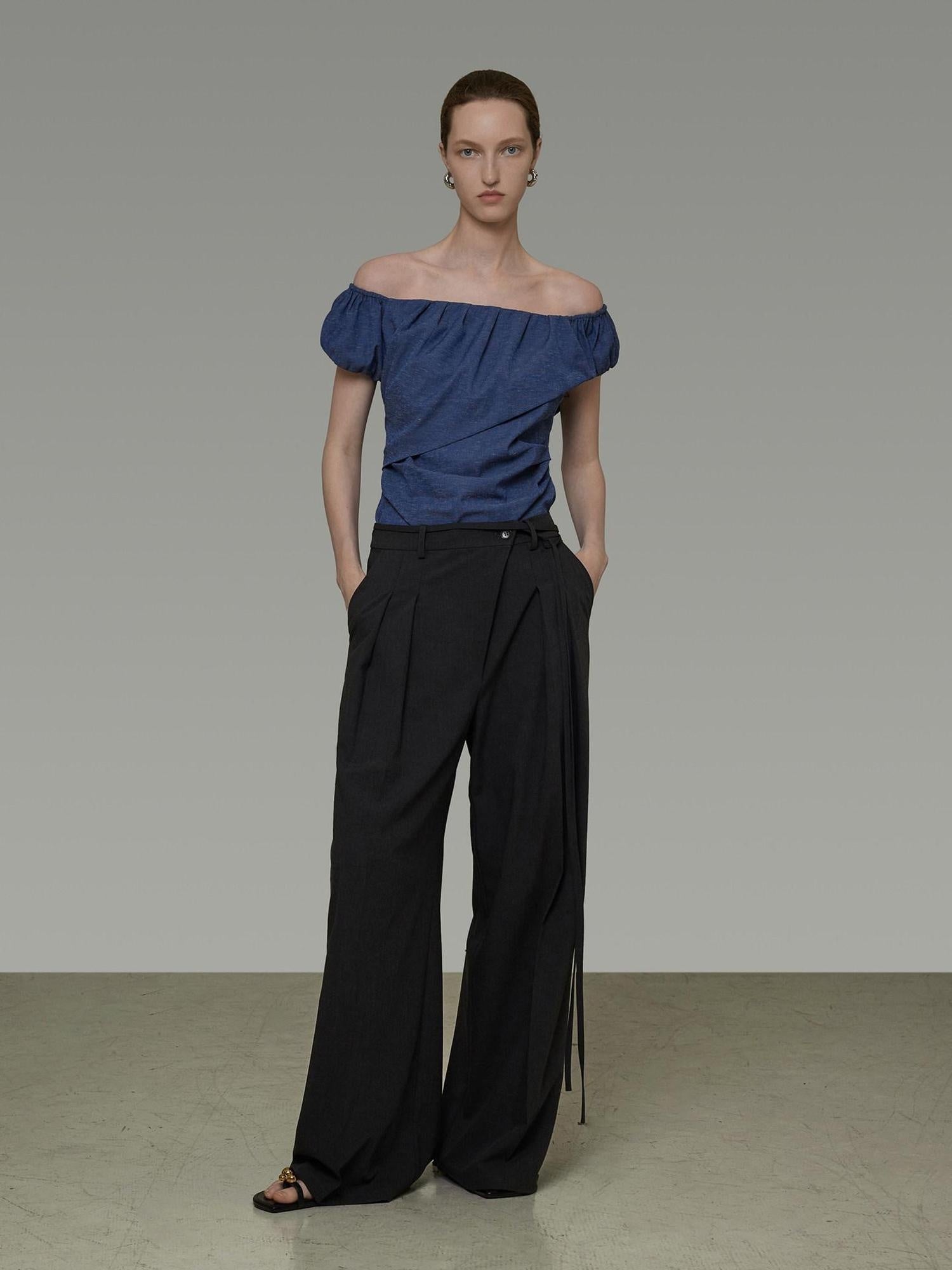 unspoken Wrinkle Resistant Minimalist Slim Asymmetrical Boat Neck Women Blue Blouses
