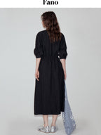fano Flattering Tied Waist Workwear A Line V-neck Women Viscose Nylon Black Maxi Dresses