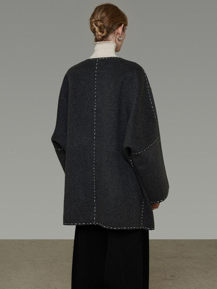 unspoken Warm Thick 3D Tailored Loose Fit Lapel Collar Commuter Women Charcoal Wool Coats