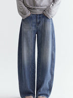 fano Breathable Cotton Natural Waist Relaxed Pocketed Casual Blue Straight Leg Jeans