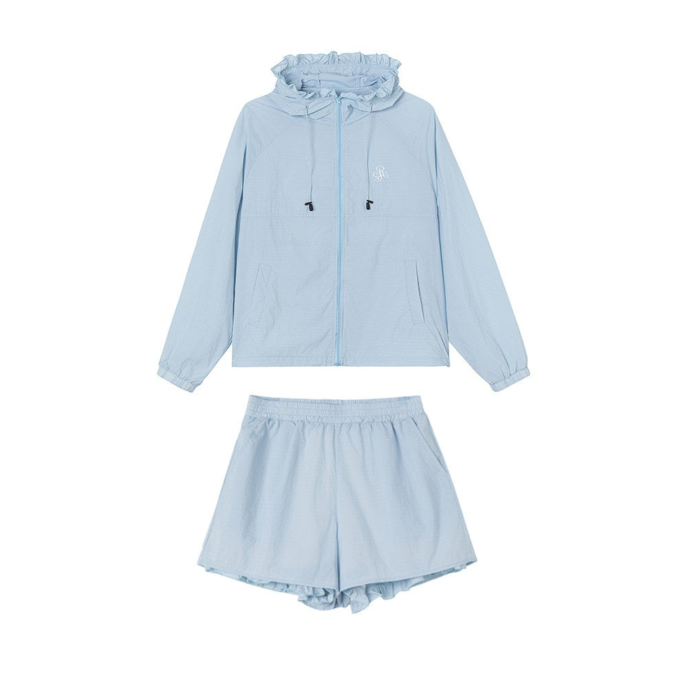 ikyou Upf50+ Breathable Nylon Ruffle Zip Commuter Relaxed Fit Women Top & Shorts Sets
