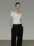 unspoken Minimalist Slim Fit Cotton Short Sleeve Women Off Shoulder Crop Tops