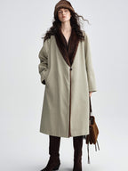 audreyyang Warm Thick Lapel Patchwork Slavic Loose Fit For Women Faux Fur Almond Long Coats