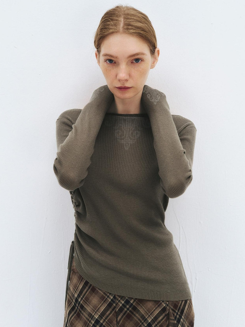 someonesometimes Soft Acrylic Wool Nylon Blend Slim Fit Printed Boat Neck Women Mud Green Sweater