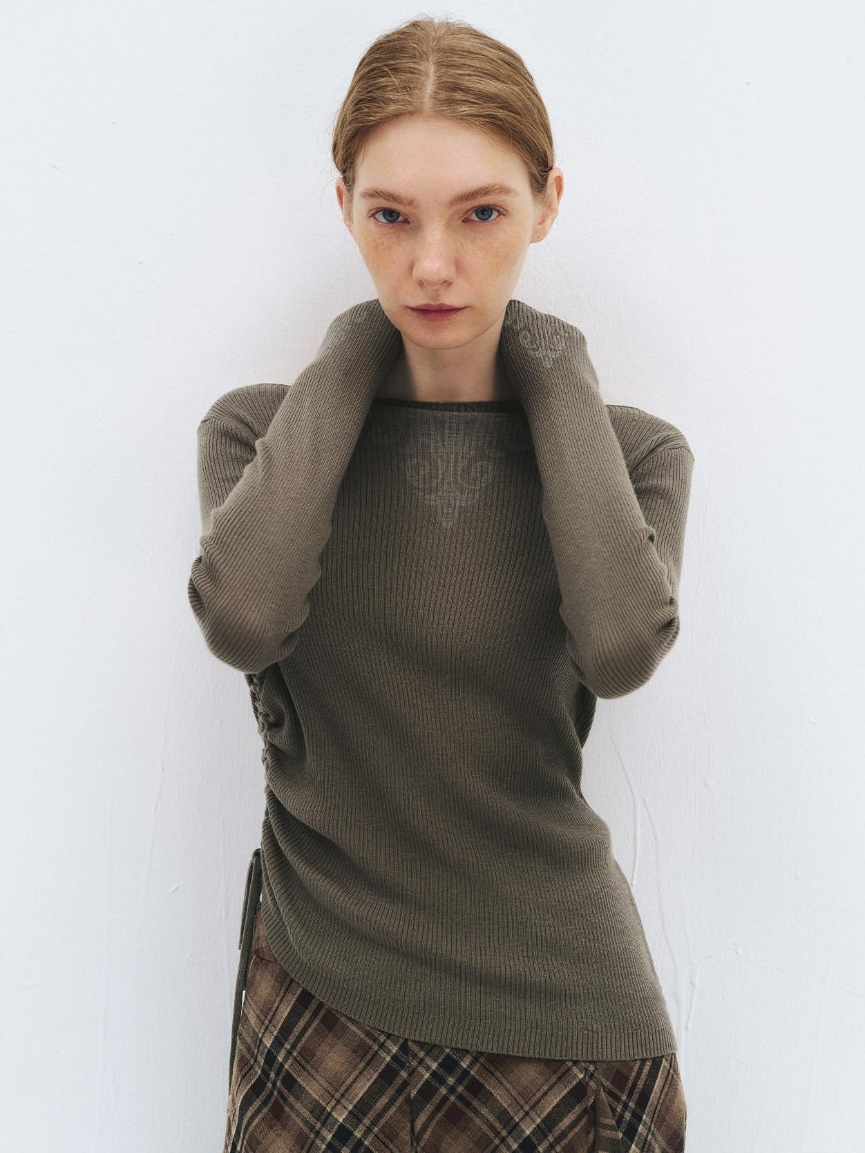 someonesometimes Soft Acrylic Wool Nylon Blend Slim Fit Printed Boat Neck Women Mud Green Sweater