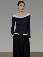 unspoken Slim Colorblock One Shoulder V-neck Casual Knitted Pullover Women Blouses