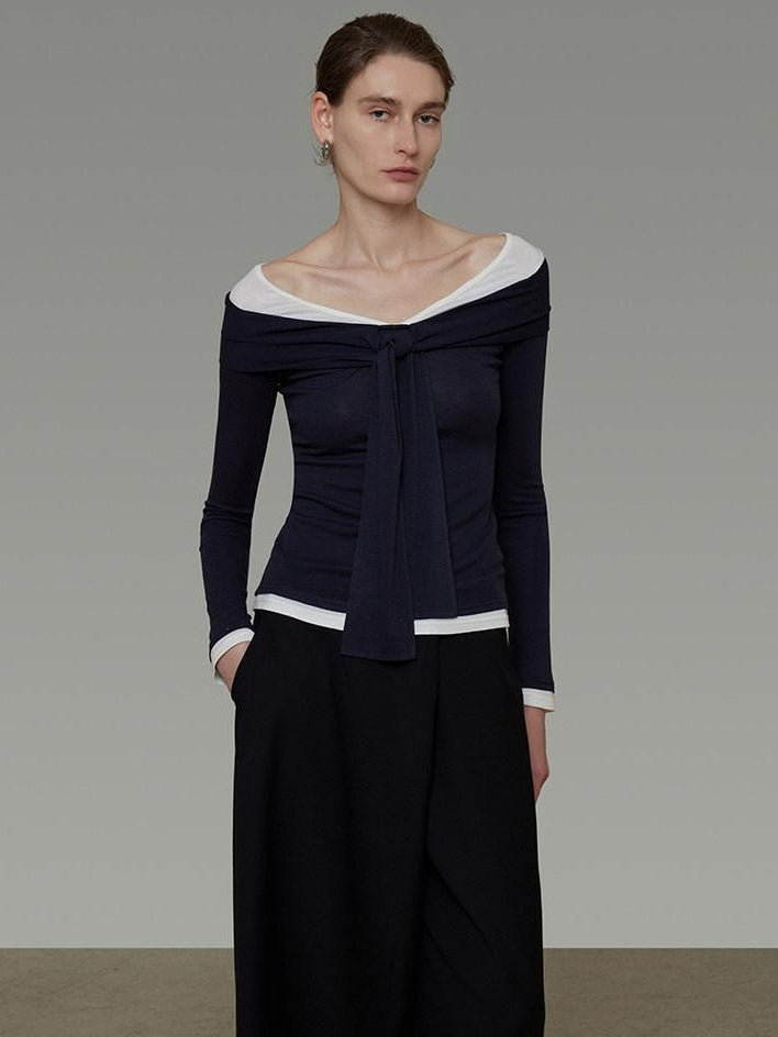 unspoken Slim Colorblock One Shoulder V-neck Casual Knitted Pullover Women Blouses