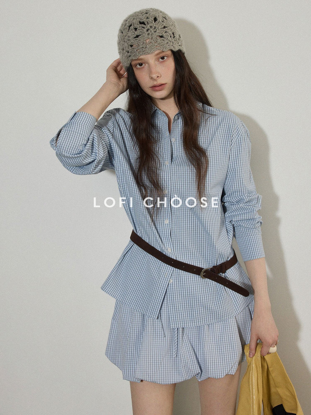 Lofi choose Comfortable Loose Plaid Button Collar Long Sleeve Women Workwear Midi Dresses