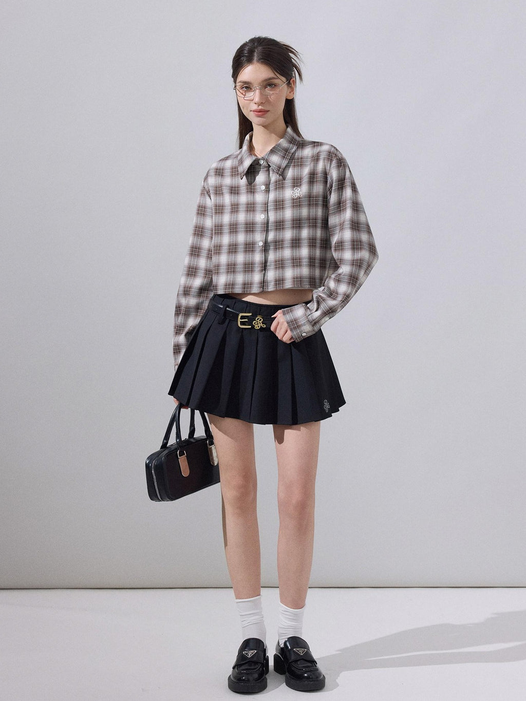 ikyou Embroidered Plaid Crop Slim Fit Collared Long Sleeve Casual Women Brown Shirts
