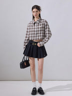 ikyou Embroidered Plaid Crop Slim Fit Collared Long Sleeve Casual Women Brown Shirts