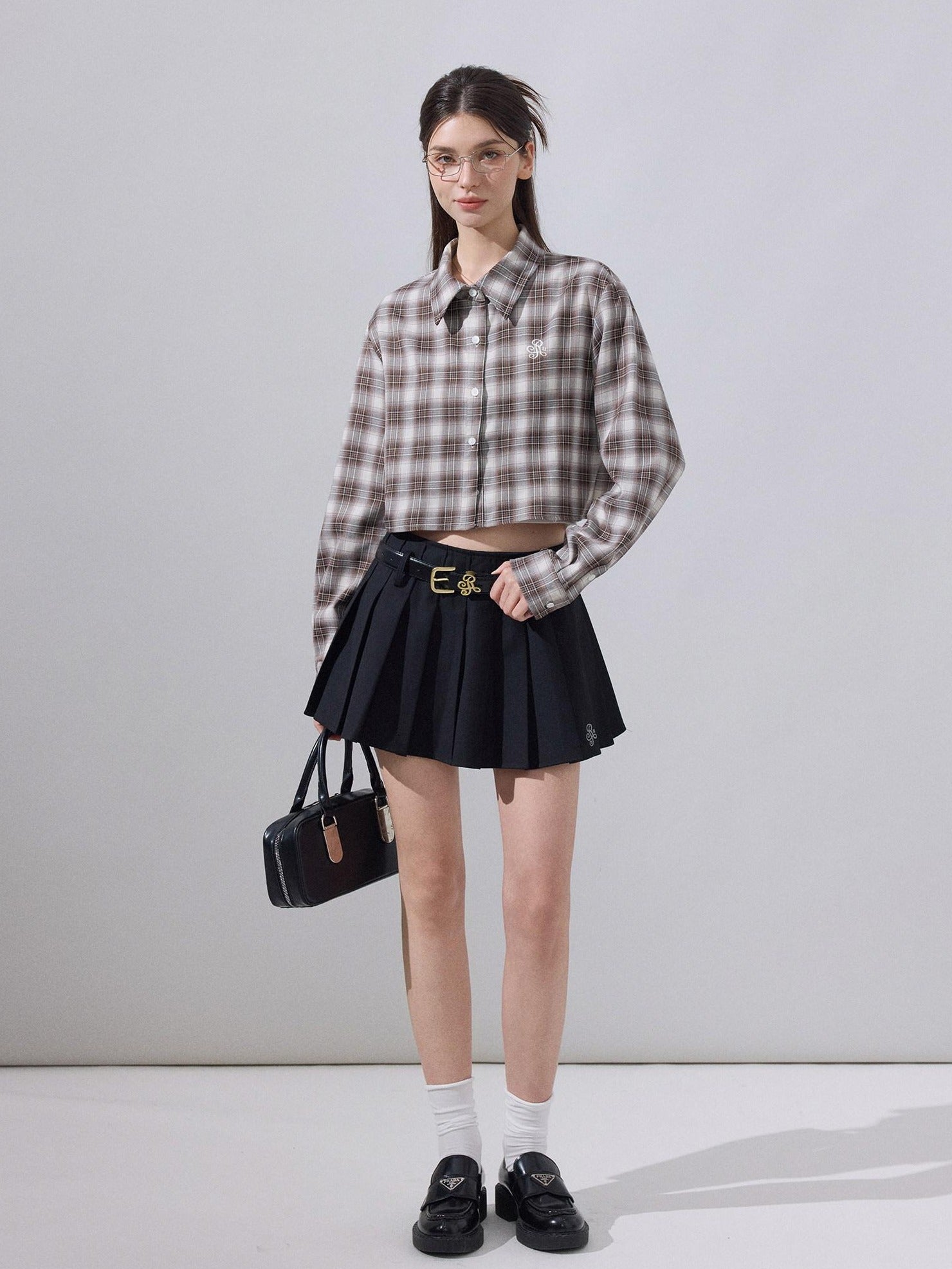 ikyou Embroidered Plaid Crop Slim Fit Collared Long Sleeve Casual Women Brown Shirts