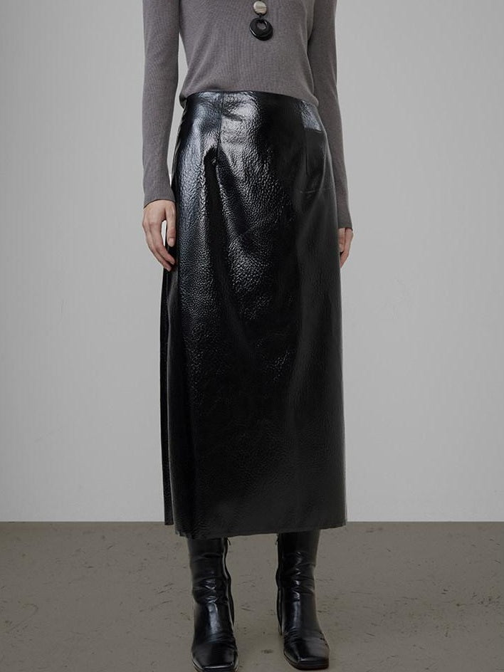 unspoken High Waist Pu Leather A Line Lined Black Commuter Skirt For Women Midi Skirts