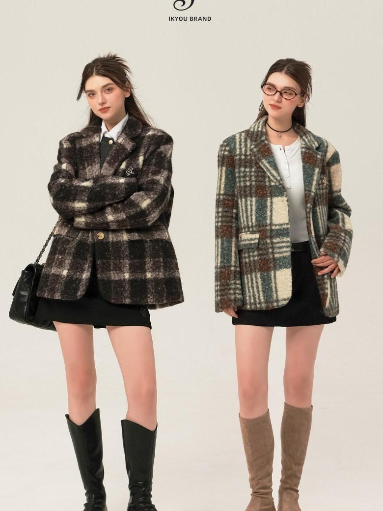 ikyou Minimalist Commuter Straight Fit Blazer Lapel Striped Flocked Office Wool Coats