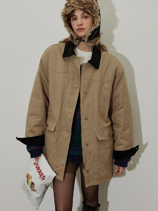 Lofi choose 100 Percent Cotton Khaki Loose Fit Lapel Button Pocket Workwear Long Coats