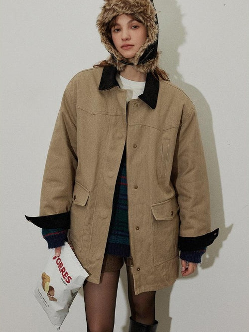 Lofi choose 100 Percent Cotton Khaki Loose Fit Lapel Button Pocket Workwear Long Coats