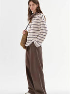 fano Cotton Blend Relaxed Loose Round Neck Women Striped Long Sleeve T-Shirts