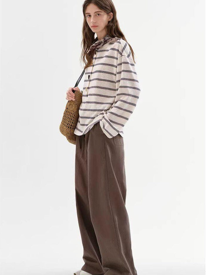 fano Cotton Blend Relaxed Loose Round Neck Women Striped Long Sleeve T-Shirts