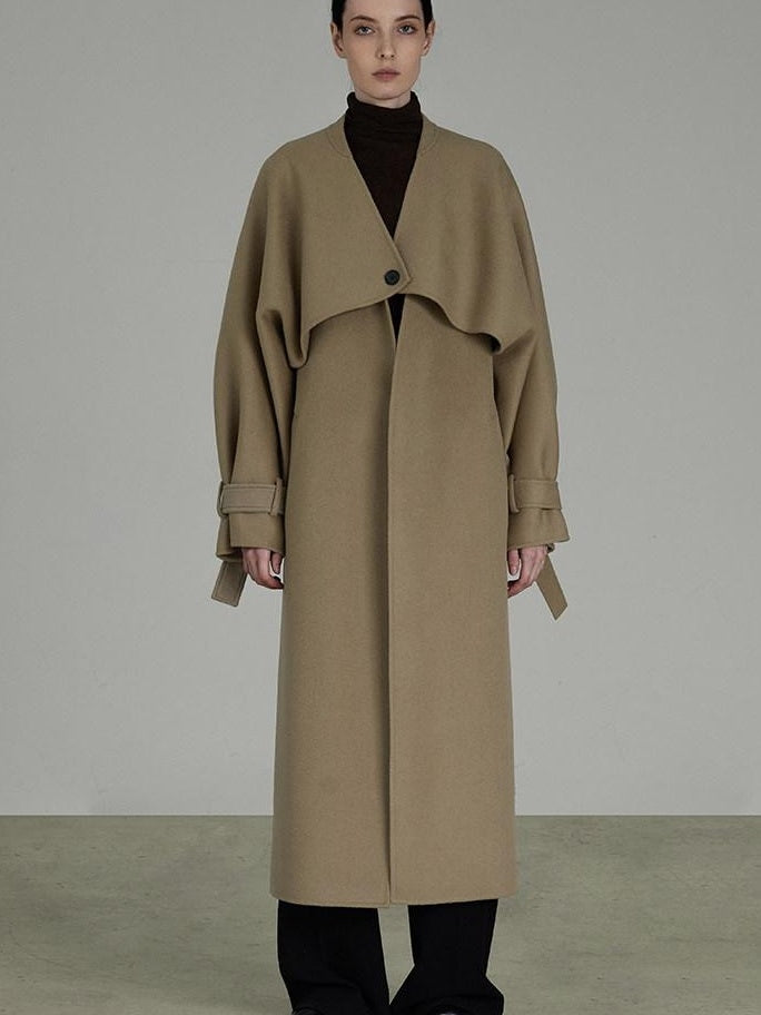 unspoken Pure Sheep Wool Long V-neck Straight Cut With Pockets Commuter Wool Coats