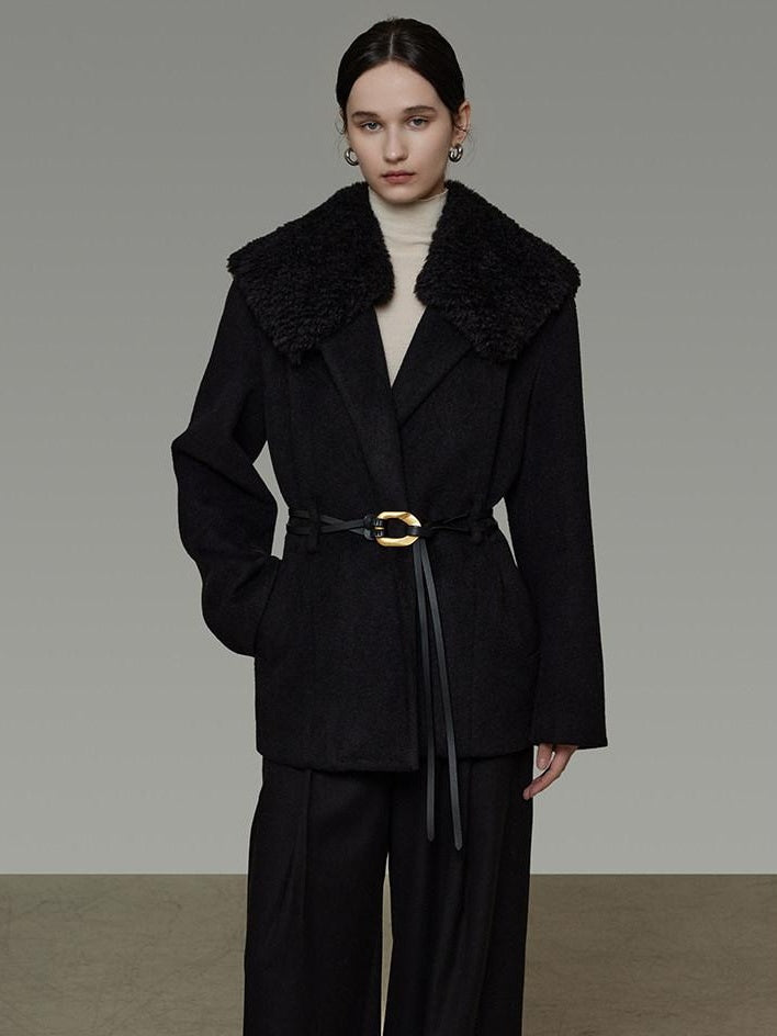 unspoken Fur Collar Thick Mid Length Loose Fit Minimalist Commuter Black Wool Long Coats