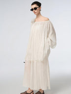 audreyyang Linen Long Sleeve Retro Loose Round Neck Women Ankle Pants Top & Skirt Sets