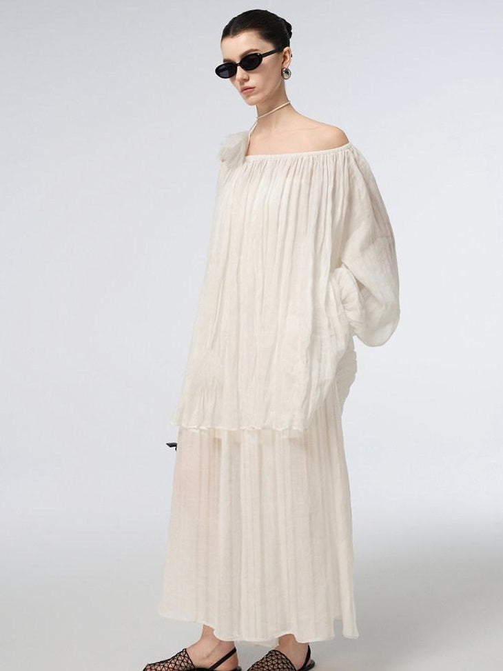 audreyyang Linen Long Sleeve Retro Loose Round Neck Women Ankle Pants Top & Skirt Sets